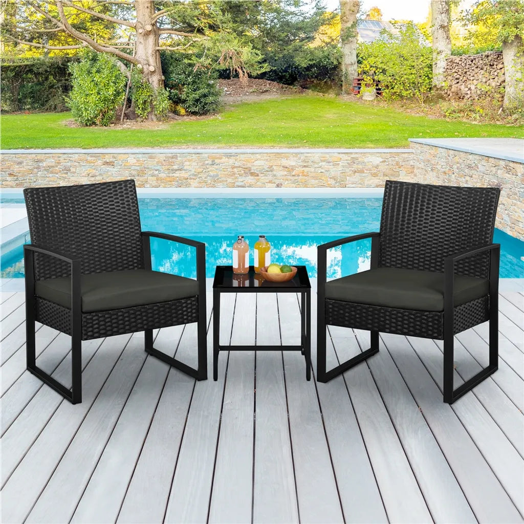 Ensemble de mobilier de jardin Yaheetech, 3 pièces - Noir/Gris - Ensemble de balcon en polyrotin avec table d'appoint