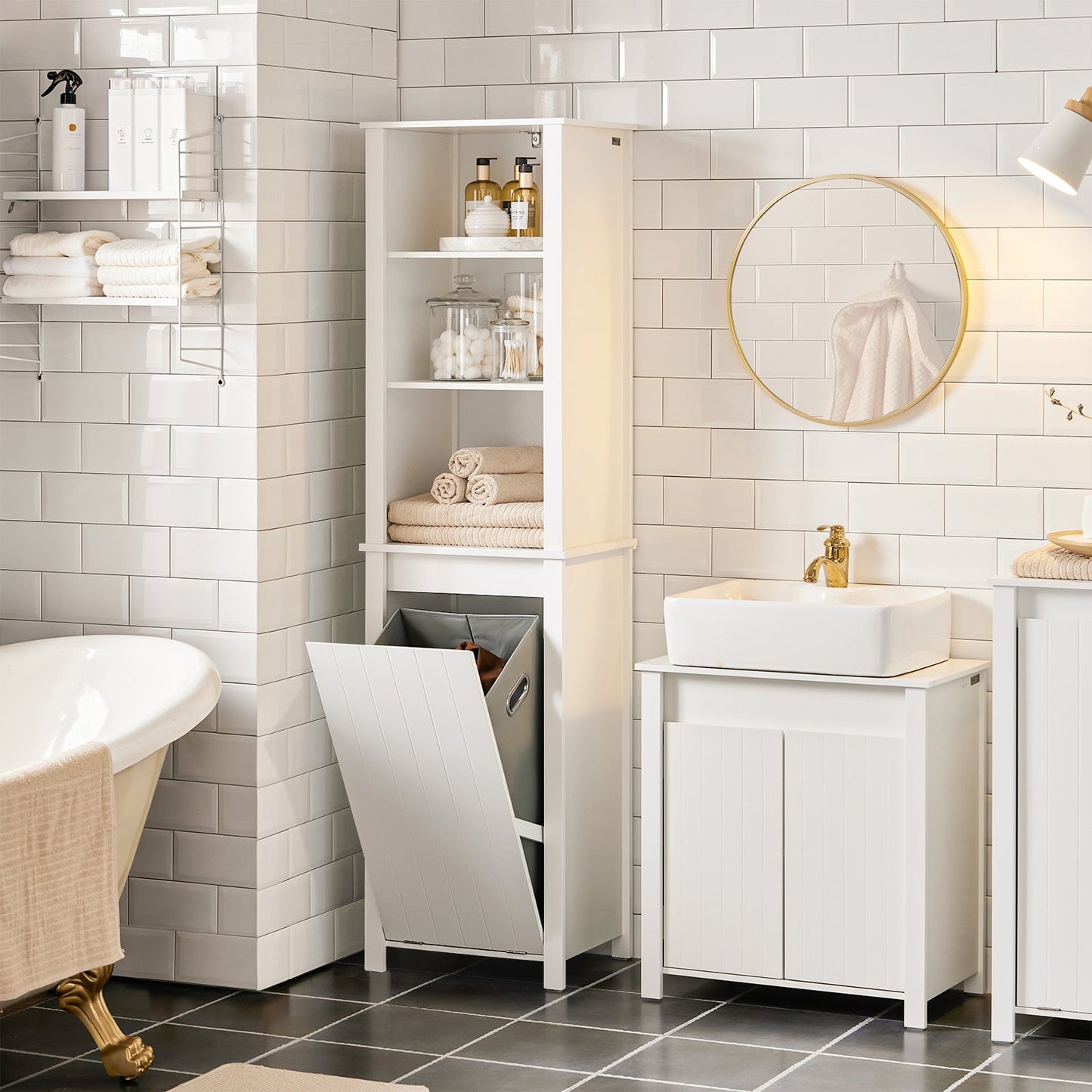 Meuble colonne de salle de bain, SoBuy, Meuble haut, 3 étagères, 1 panier à linge basculant, 45 x 35 x 171 cm, Blanc