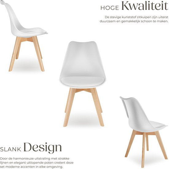 tectake® Dining Chair Frederikke - Lot de 4 chaises de salle à manger avec assise en tissu rembourrée - pieds en bois massif - Chaises ergonomiques adaptées au salon, à la salle à manger, à la chambre à coucher et à la cuisine - Capacité 120kg - Blanc