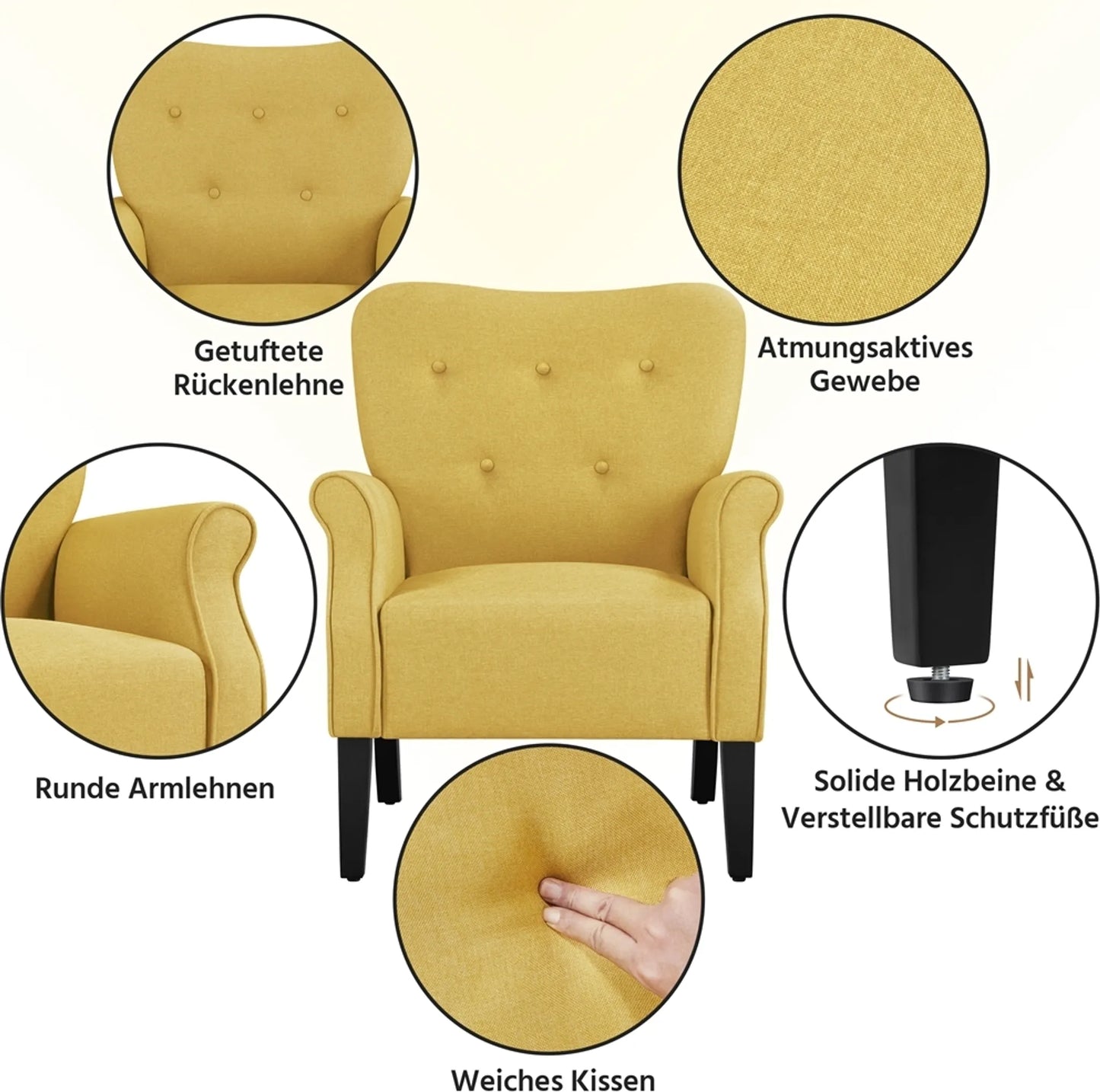 Yaheetech Club Armchair Fauteuil - 74 x 72 x 94 cm - équipé d'un dossier rembourré et de pieds en bois massif et de pieds protecteurs - pour le salon et la chambre à coucher - polyester jaune et bois d'hévéa