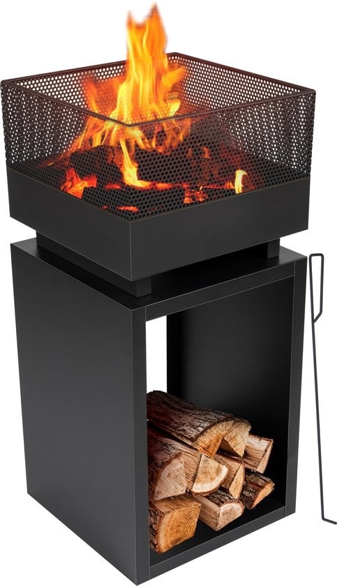 BBQ Collection Panier à feu avec pare-étincelles - Cheminée de jardin 39 x 39 x 85 cm - Cheminée d'extérieur avec piquet et rangement pour le bois de chauffage - Poêle à bois pour le jardin et la terrasse - Poêle à bois d'extérieur - Acier au carbone