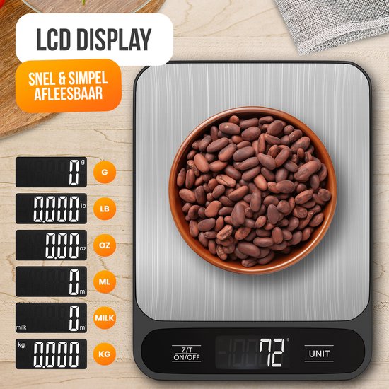 Balance de Cuisine Digitale Strex - Balance de Cuisine - 1 g à 10 kg - Fonction Tare - Piles Incluses - Inox/Noir