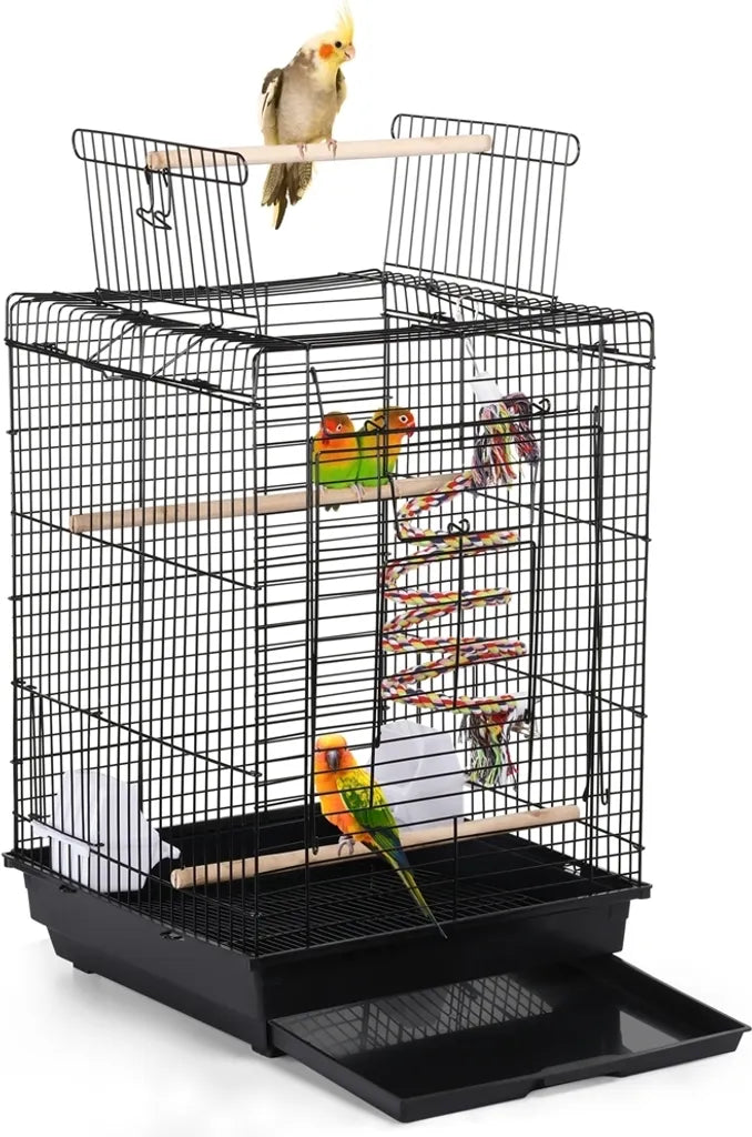 Yaheetech Cage à oiseaux avec jouets et toit rabattable - Noir - 40 x 40 x 58 cm