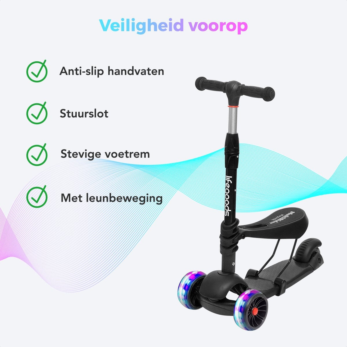 LifeGoods MultiRider Kids Scooter - Step 3-8 Years - Siège ajustable - Luminous Wheels - Boys/Girls - Black