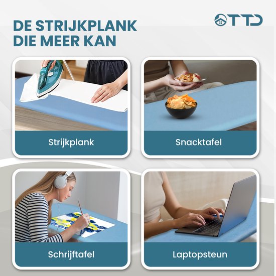 TTD® Table à repasser pliable sans ligne de pliage - Comprend une planche à manches et une boucle de suspension - Mini table à repasser avec porte-fer - Table à repasser de table pliable - Petite table à repasser pliable
