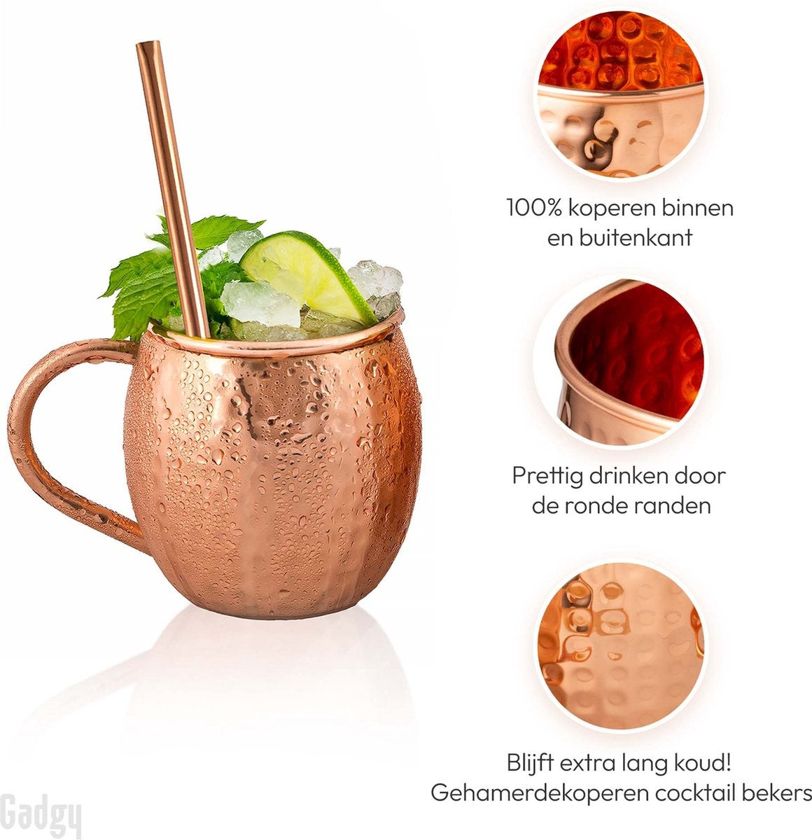 Gadgy Moscow Mule Cups Set - 100% Copper - Set cocktail : 2 verres à cocktail, 2 pailles et 1 mesure de bar