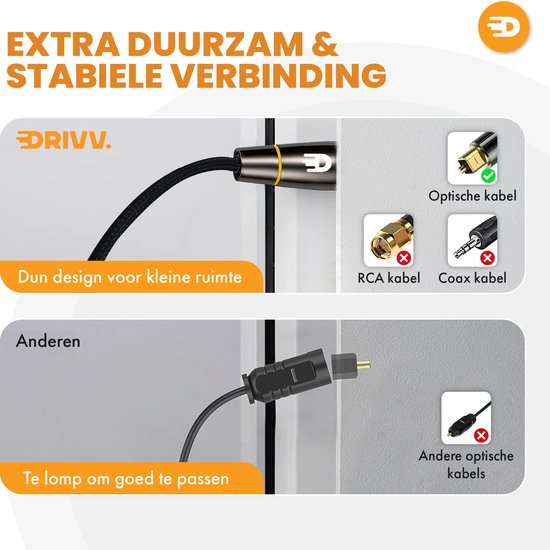 Drivv. Premium Toslink Optical Cable Nylon - Câble audio optique - Mâle vers Mâle - 2 mètres - Noir