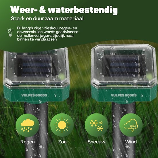 Vulpes Goods® Repellent - Mole Repellent - 4 pieces - Répulsif pour souris - Répulsif pour taupes - Fonctionne à l'énergie solaire - Résistant à l'eau - Respectueux des animaux - Un jardin, une pelouse ou un terrain propre !