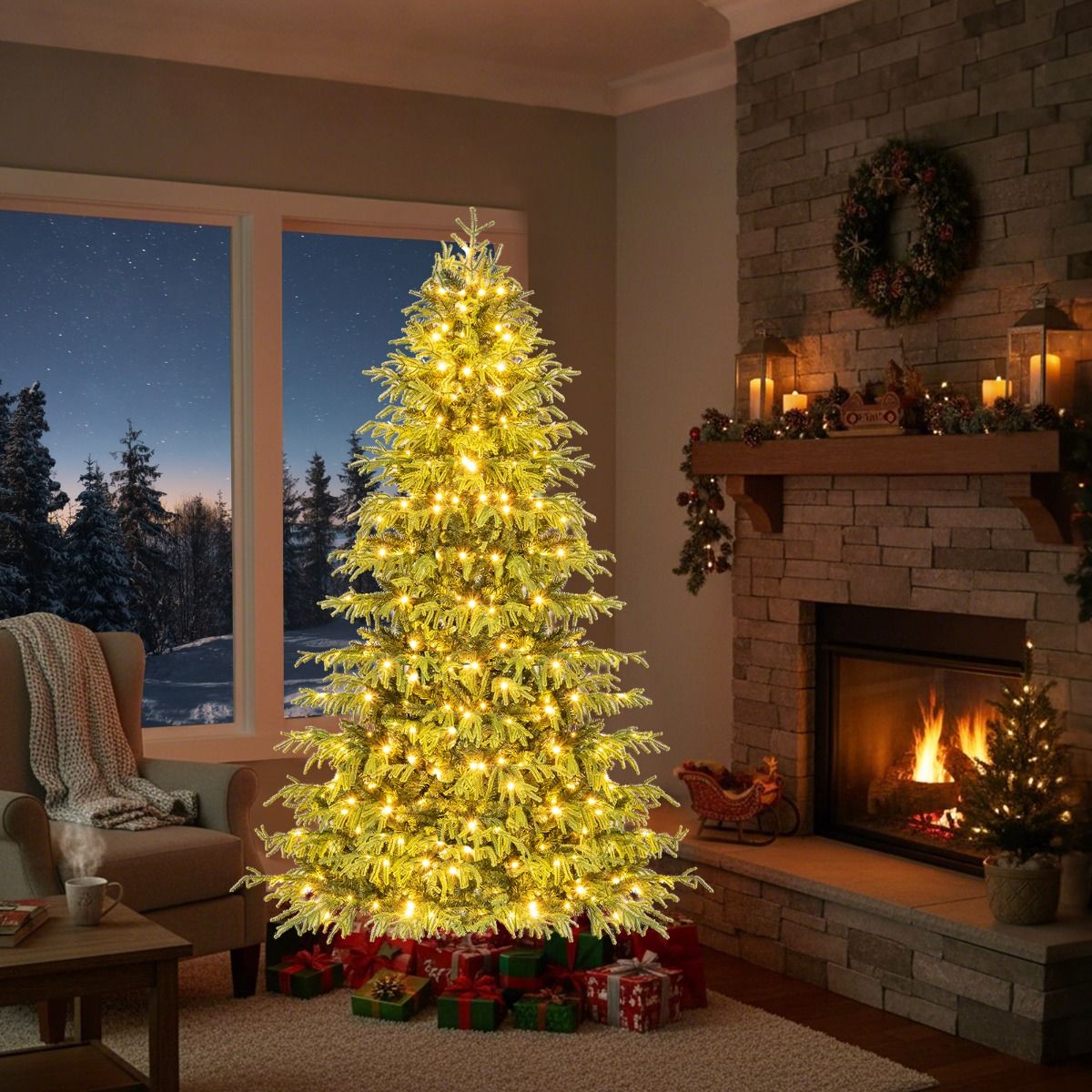 Sapin de Noël artificiel Coast avec guirlande lumineuse - 180 cm - ampoules LED blanc chaud - vert