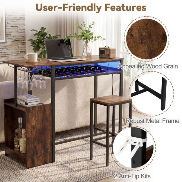Table de bar Coast avec éclairage RGB et station de recharge – Table haute avec porte-bouteilles, porte-verres et compartiments de rangement – Marron/Noir – 110 cm