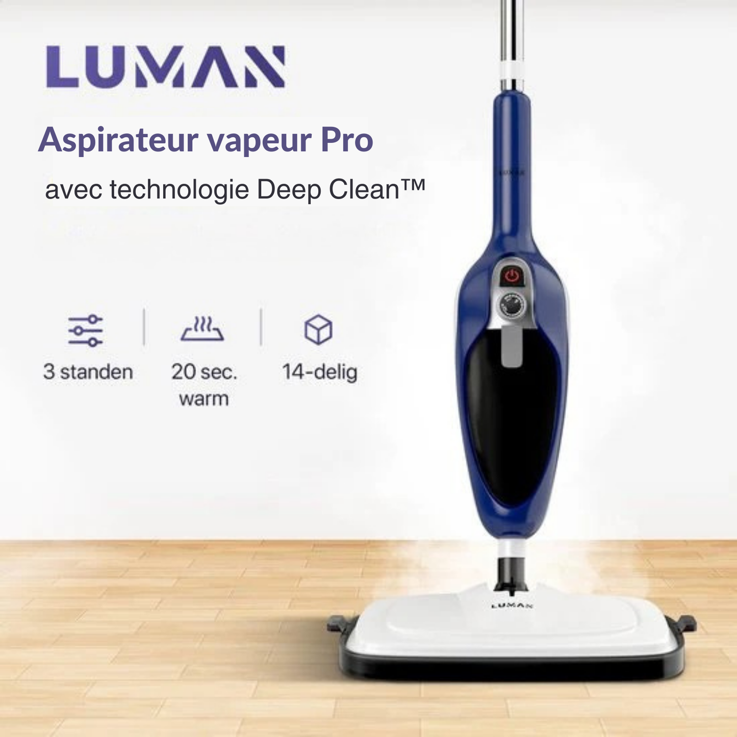 Aspirateur Vapeur 12 en 1 – LUMAN - Nettoyeur vapeur et défroisseur à main – Détachant – 10 embouts et 3 chiffons– Bleu