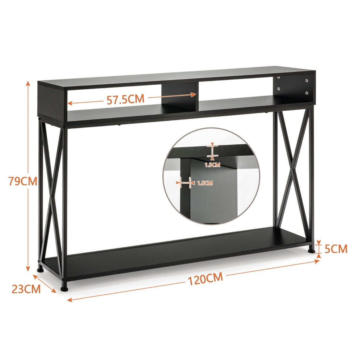 Table console Coast - 2 compartiments de rangement 1 étagère ouverte - 120 x 23 x 79 cm - Noir - Acier+bois