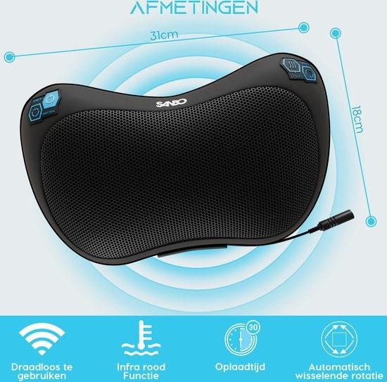 Sanbo Wireless Massage Cushion WL20 - Black - Appareils de massage - Fonction chaleur avec infrarouge - Pour la maison et la voiture - Shiatsu - Fitness