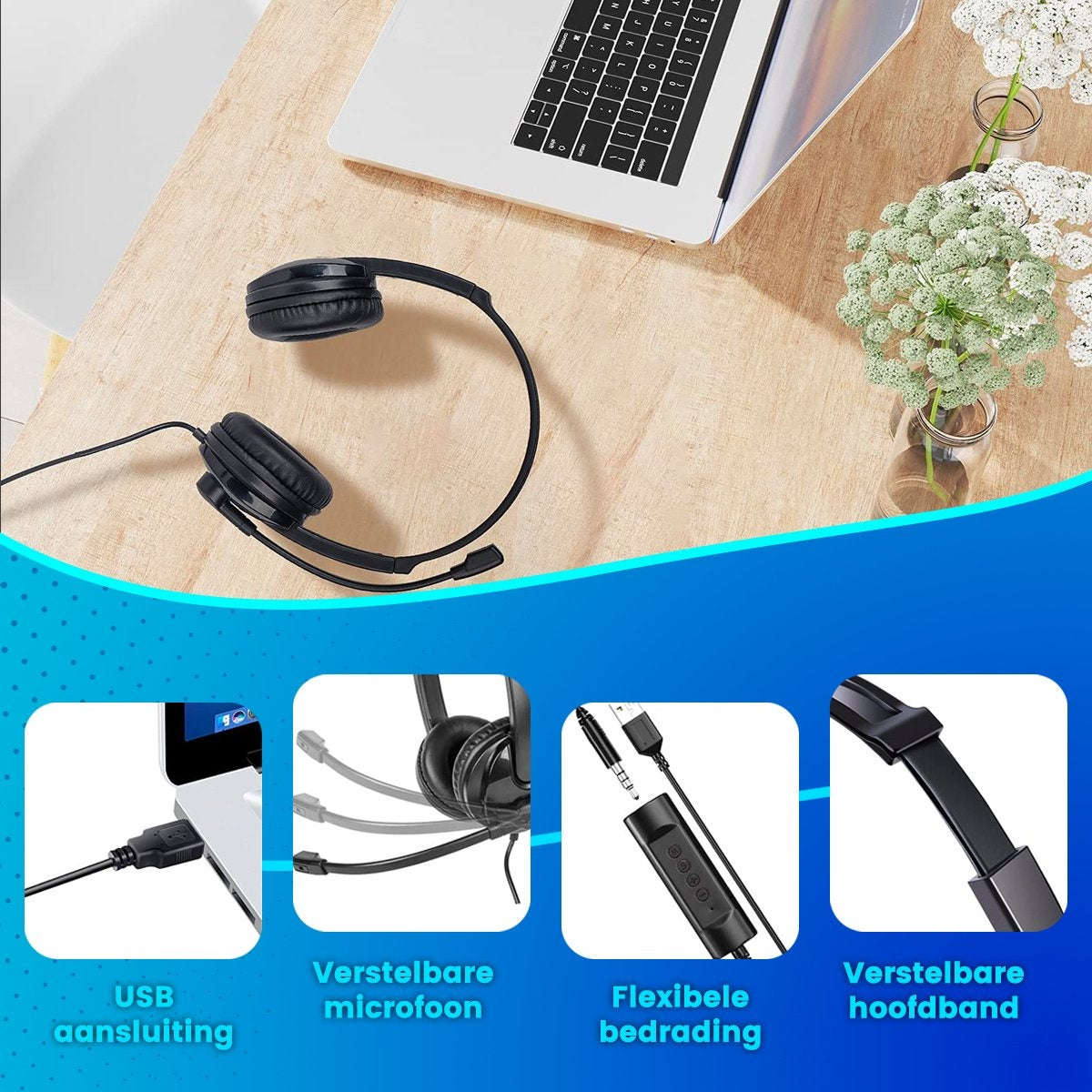 Casque avec microphone pour ordinateur portable et PC - Casque d'affaires - Casque pour appels vidéo - USB
