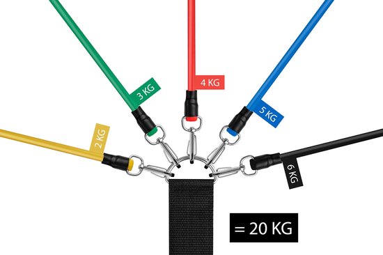 Rebblo - Kit d'entraînement à domicile – 10 pièces – Bandes de résistance – Bandes pour les chevilles – Poignées – Ancrage de porte – Kit de fitness avec sac de rangement inclus - 2/3/4/5/6 kg
