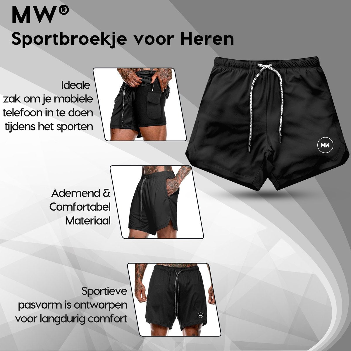 MW® - Pantalon de sport pour homme - Pantalon de fitness - Pantalon de course - Vêtements de sport - Short 2 en 1 - (Noir - L)