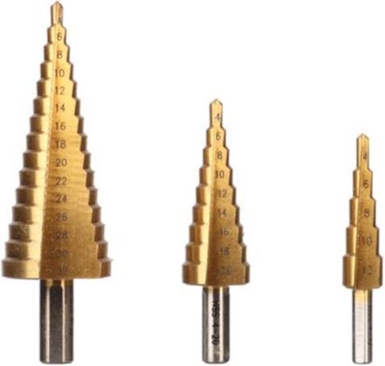 Foret étagé Toolland HSS, pour tous métaux, revêtement titane, jeu de 3 pièces, tailles Ø 4-12/4-20/4-32 mm