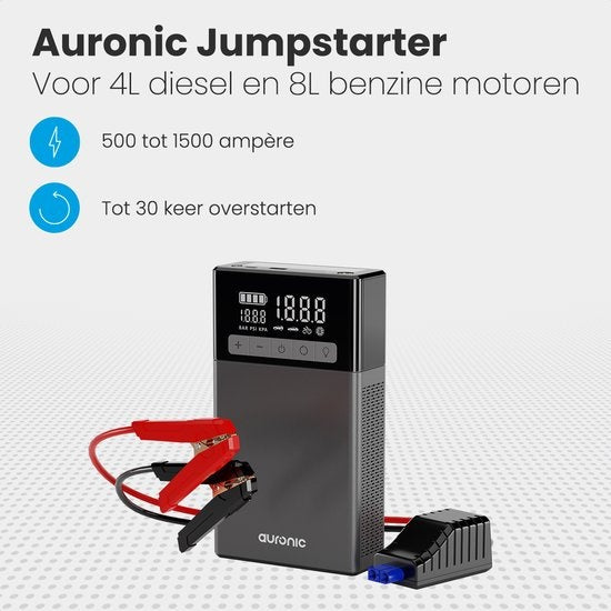 Auronic Jumpstarter - avec compresseur - 12V - 1500A - 16,000 mAh - Aide au démarrage 6-en-1 - Sac de rangement et accessoires inclus - Noir/Gris