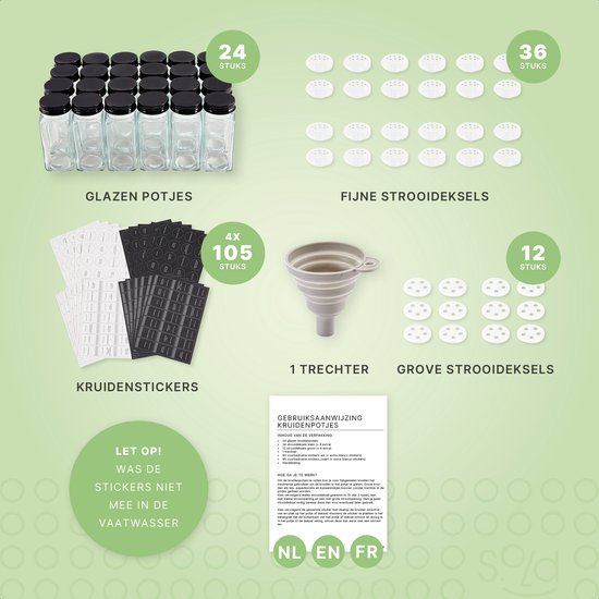 S.old - 24 pots à épices en verre carrés avec couvercle noir - Spice Spreader - Set complet avec couvercles à saupoudrer, autocollants préimprimés et entonnoir - Capacité 120 ml - 10,5 x 4,3 cm