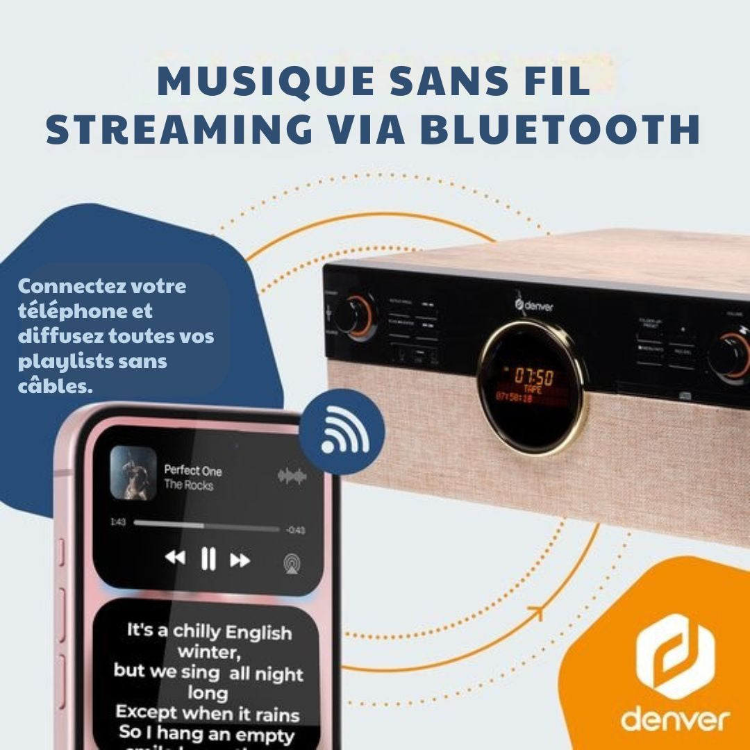 Platine vinyle rétro - Denver - Radio - CD - Cassette - Bluetooth - Auto stop - MRD180 - Bois
