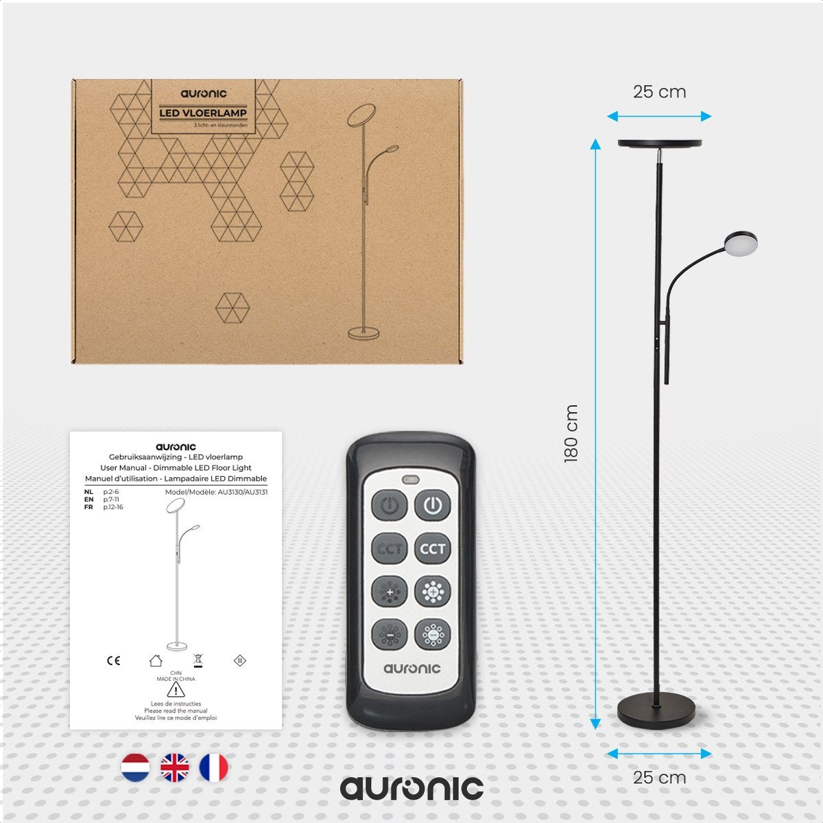 Lampadaire LED moderne Auronic -Lampadaire sur Pied - 181cm - LED -Super Lumineux - télécommande - chambre salon - Noir