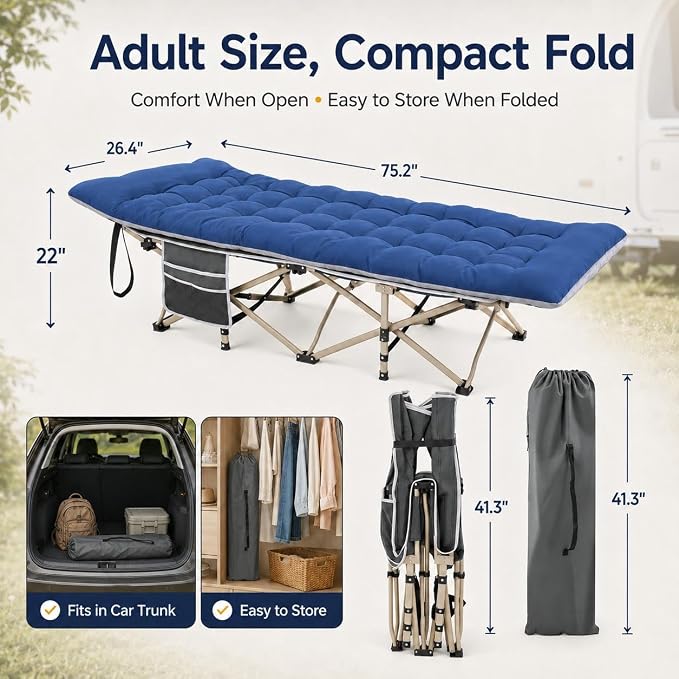 Lit de camping pliable Yaheetech avec matelas - 190 x 68 cm - Noir - Lit de camp avec sac de transport et poches de rangement