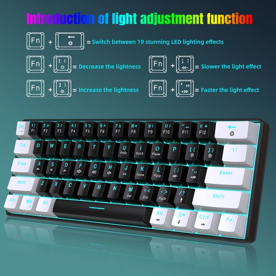 HXSJ V900 - Clavier de jeu filaire - mécanique - RVB - commutateur bleu - 61 touches - claviers QWERTY - noir blanc