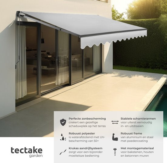tectake® Sunshade with Articulated Arm - 300 x 250 cm - Store - Protection solaire pour fenêtre, balcon, extérieur - Fixation murale - Résistant à l'eau et aux UV - Gris clair