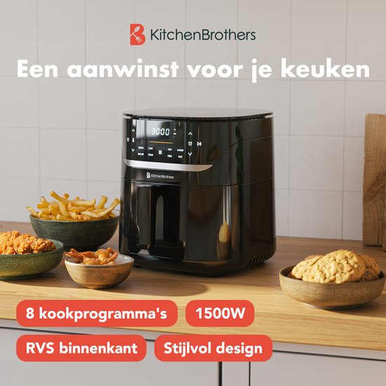 KitchenBrothers Airfryer XL - 5L - 1500W - Friteuse à air chaud - 80ºC à 200ºC - 8 Programmes de cuisson - Noir