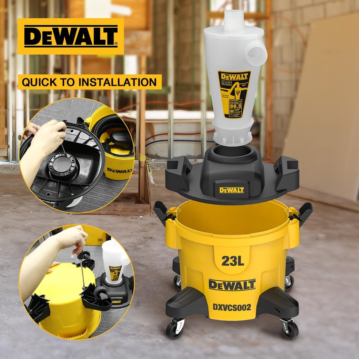 DeWALT DXVCS002 Pré-séparateur 23L - Polymère robuste, tuyau 48mm, longueur 2m, jaune
