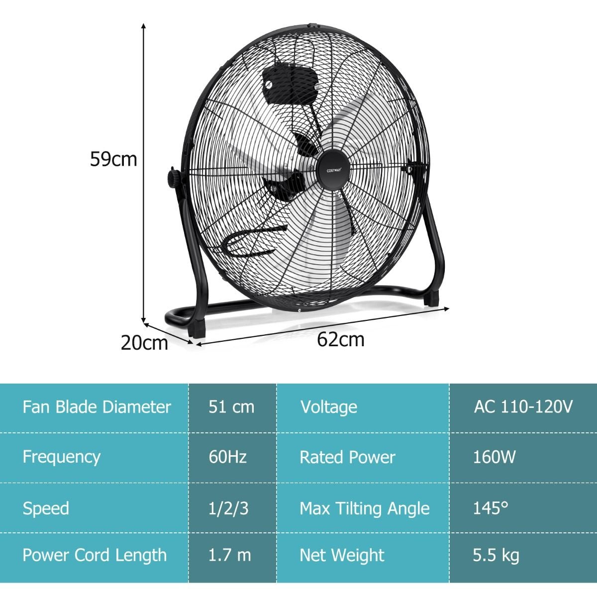 Coast Ventilateur de sol - 3 vitesses - réglable à 145° - 160W - 62 x 20 x 59 cm - Noir