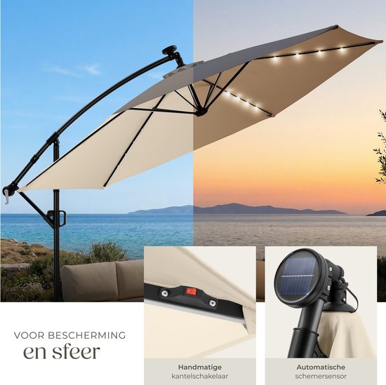 tectake® Parasol suspendu avec pied - 3,5 x 3,5 m - Parasol de jardin avec éclairage LED à énergie solaire - Orientable - Polyester hydrofuge avec protection UV - Housse incluse - Beige