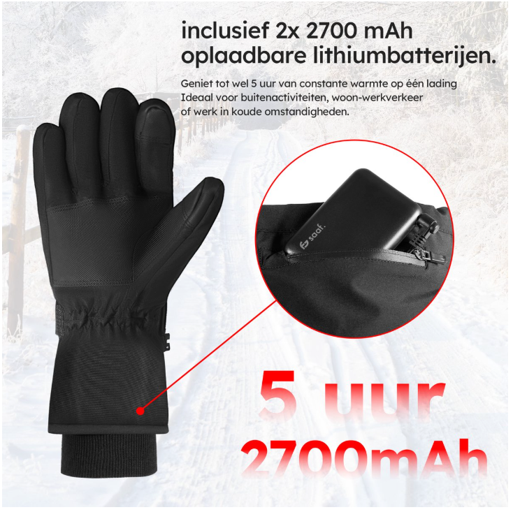 Saaf - Gants chauffants Pro - Taille XS - Polyester noir - 3 niveaux de chaleur et rechargeable - Hydrofuge et coupe-vent - Confort optimal