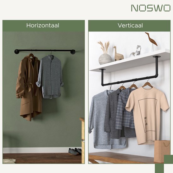 Noswo Wall Clothes Rack - 2 Pieces - High Quality Steel Clothes Rod - Clothes Rack - Hanging Rack - Wardrobe Rod - 112 cm - Black
