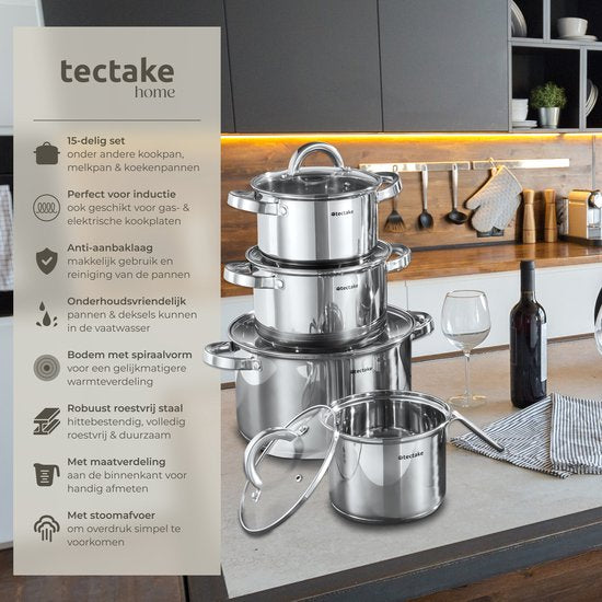 tectake® Set de casseroles - acier inoxydable - Convient à la cuisson par induction, au gaz et à l'électricité - 15 pièces - Lavable au lave-vaisselle - Pour la maison ou le camping - Poêles avec couvercles