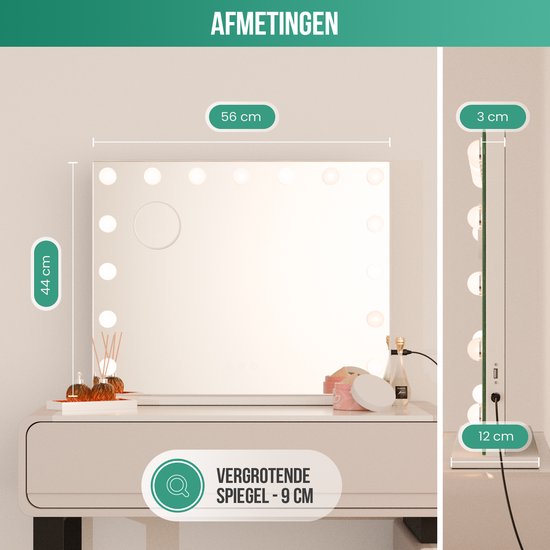 Avalo - Miroir de maquillage avec éclairage - 56x44 CM - Miroir Hollywoodien - Miroir avec éclairage - Miroir de maquillage - 3 modes d'éclairage graduables - grossissement 10x - chargeur USB intégré
