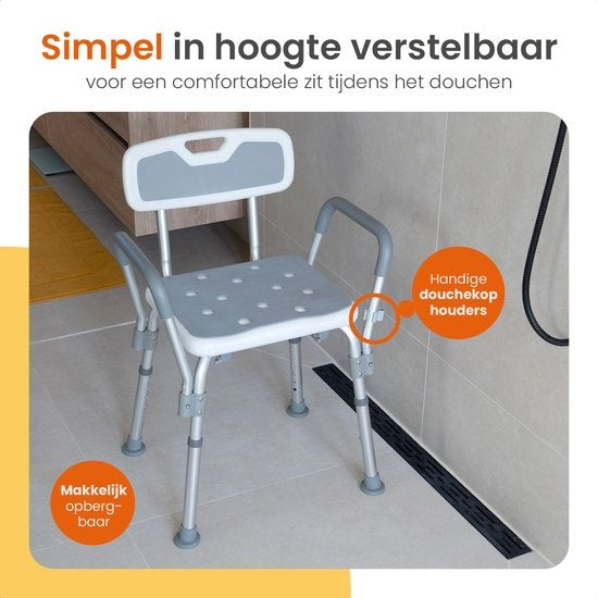 Chaise de douche réglable Goliving - Accoudoirs et dossier amovibles - Tabouret de douche avec support de pommeau de douche - Antidérapant - 3,2 kg - Hauteur 70-84 cm - Blanc
