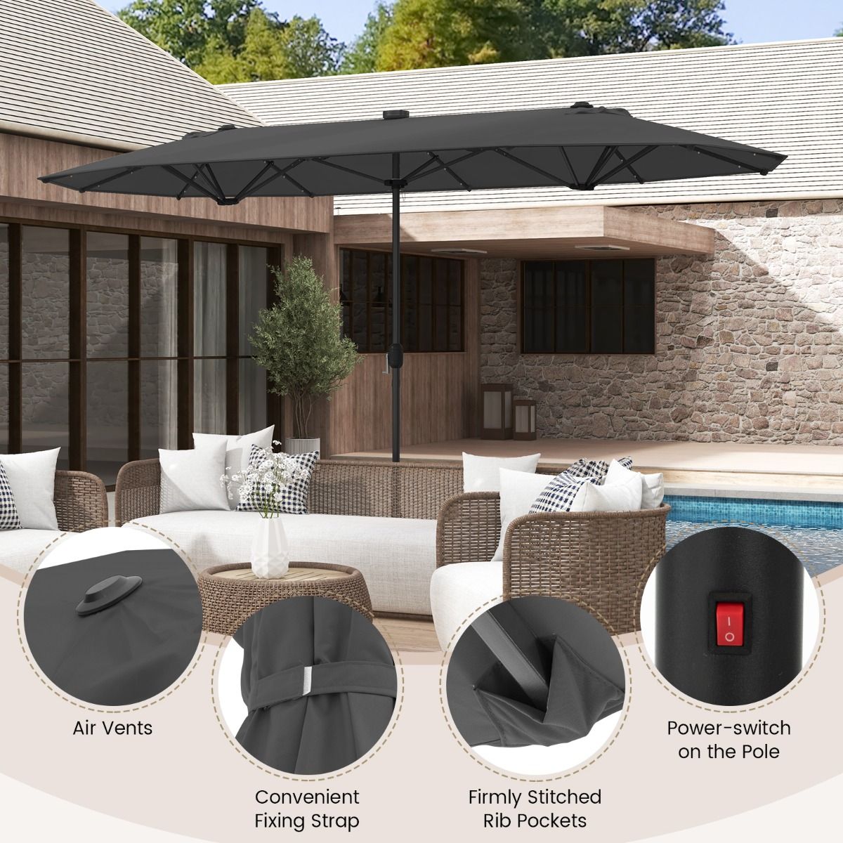 Parasol de jardin double Coast avec éclairage LED à énergie solaire - 400 x 200 cm - Gris