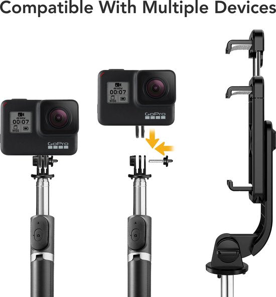 Studio ME Selfie Stick Universal - Trépied - Convient pour téléphone et caméra d'action - 100 cm - Selfie Stick - Rotation à 360° - Télécommande Bluetooth - Support de téléphone