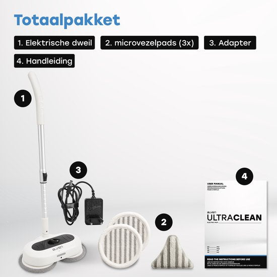 Ølven Balai à franges électrique - sans fil - nettoyeur de sols - fonction spray - éclairage LED - 50W - réglable - blanc