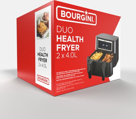 Bourgini Duo Hot Air fryer 2 x 4.0L - Airfryer XXL - 2 tiroirs avec fonction de synchronisation - Ecran tactile - 8L - 2600W - Noir