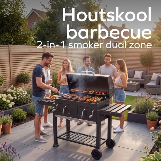 KitchenBrothers Barbecue au charbon de bois XL - Barbecue fumoir à deux zones - Avec grilles à charbon réglables et tables latérales rabattables - Sans PFAS - Surface de cuisson de 42,3 x 75,8 cm - Noir