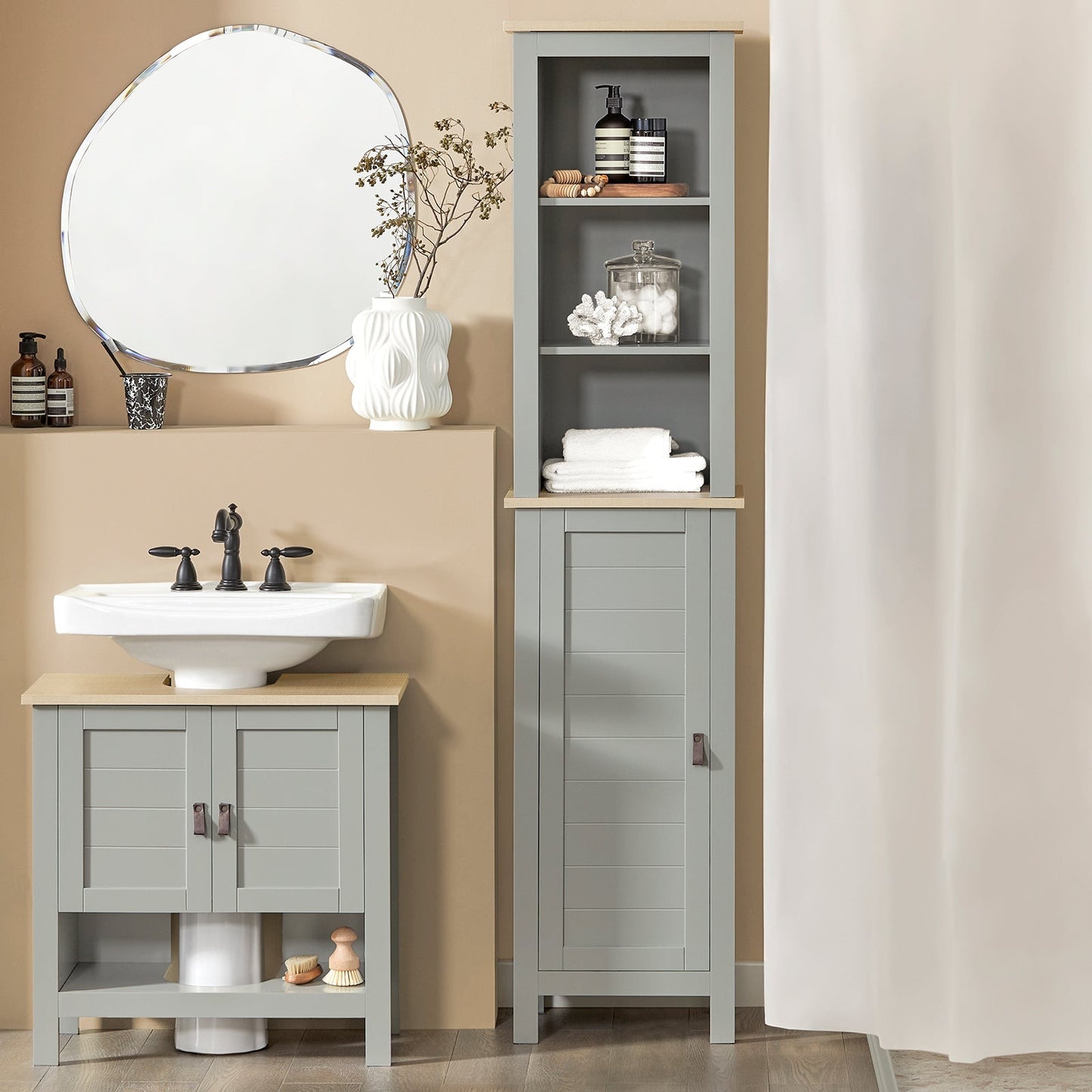 SoBuy Meuble colonne de salle de bain - 1 porte - 3 étagères - 39 x 30 x 169 cm - Gris