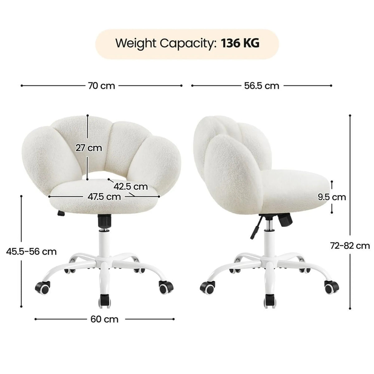 Fauteuil de bureau Yaheetech en forme de nuage – Ergonomique, bouclé, 60 × 70 × 72–82 cm – Blanc