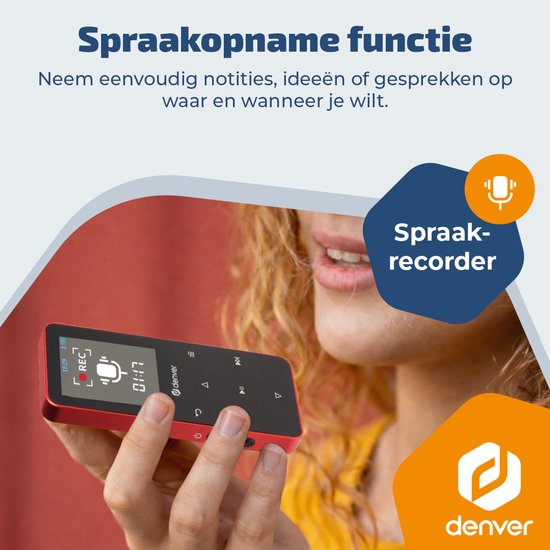 Lecteur MP3/MP4 Denver - Bluetooth - Lecture aléatoire/Répétition - Carte SD jusqu'à 128 Go - Écouteurs inclus - Dictaphone - MP1830R - Rouge