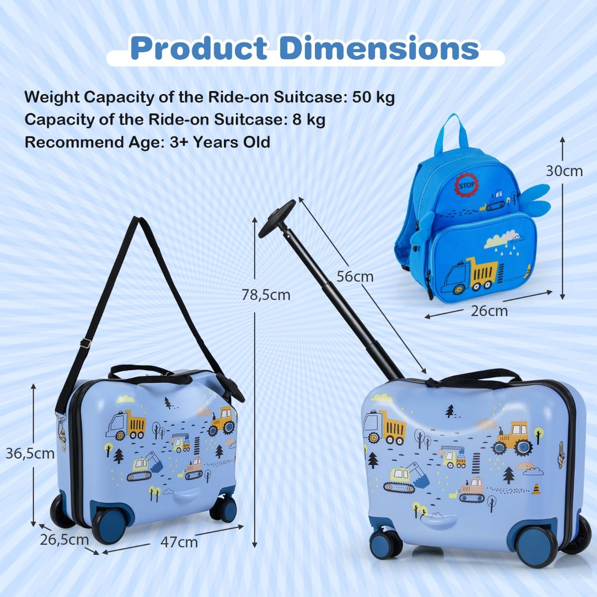 Ensemble de valises pour enfants Coast - Valise-siège et sac à dos - Multifonctionnel - Motif « pelleteuse »