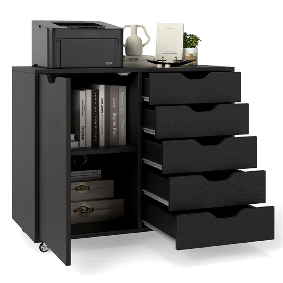 Coast : caisson à roulettes à 5 tiroirs - Armoire à porte - Plan de travail - Noir - 79 x 39 x 65 cm