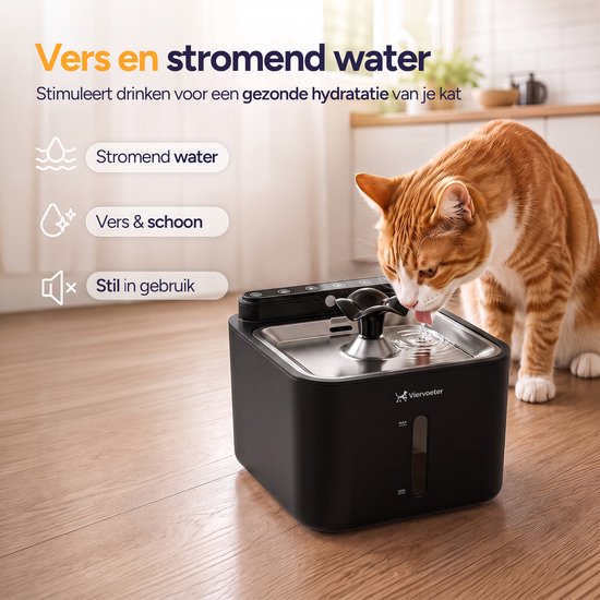 Viervoeter® Fontaine à eau sans fil en acier inoxydable - Fontaine à eau à capteur pour chats et chiens - 3 filtres inclus - 3,2 L - Autonomie de la batterie : 30 jours - Silencieuse