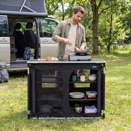 Cuisine de camping d'extérieur – Meuble de camping – Cuisine d'extérieur – 6 compartiments – Structure en aluminium – Pieds réglables – Gris - Tristar KI-0769