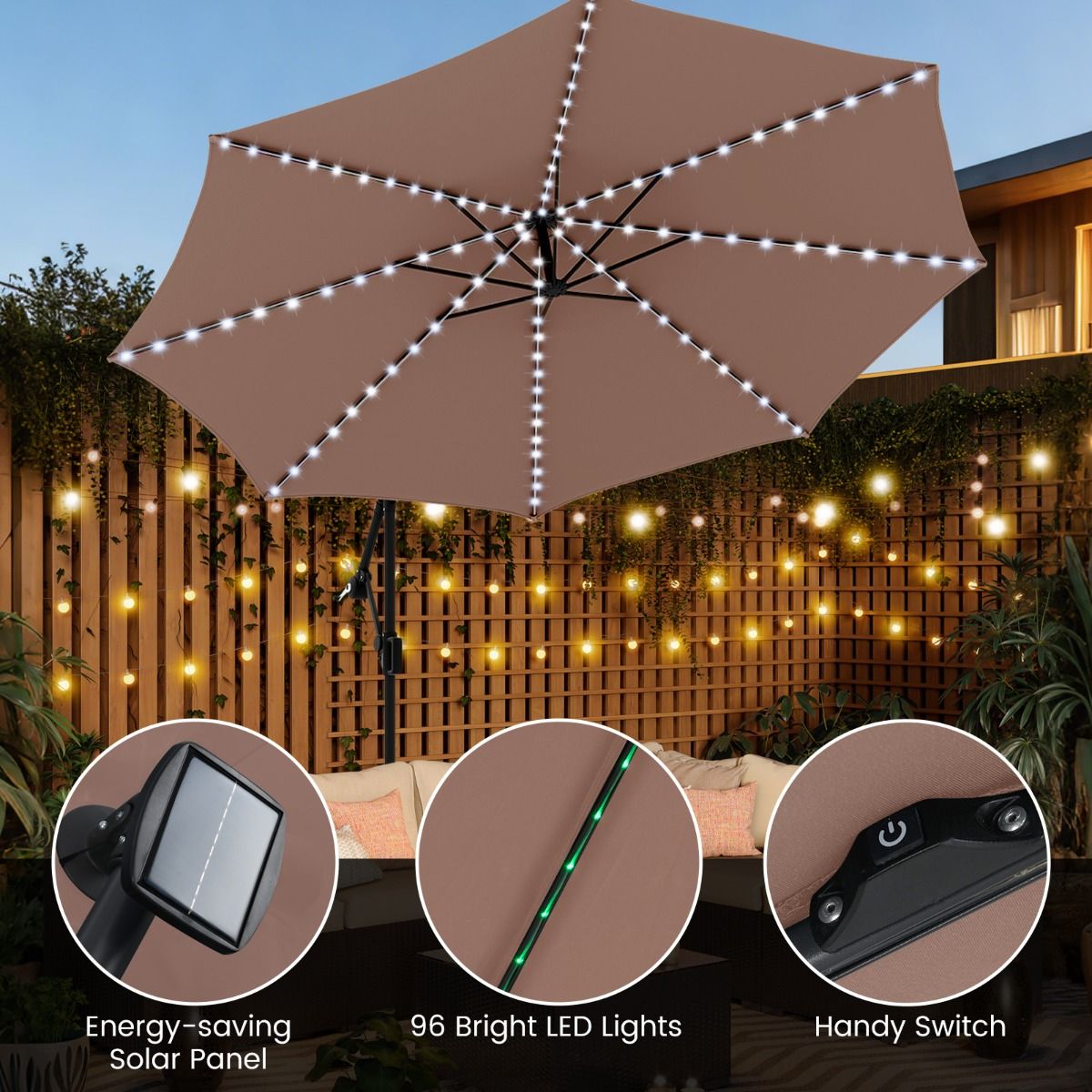 Parasol suspendu Coast avec éclairage LED - 9 modes d'éclairage - avec sacs de sable et balancier - marron - 300 x 260 cm